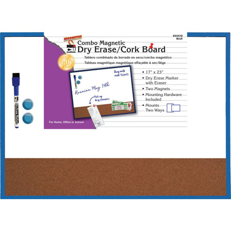 CHARLES LEONARD Magnetic Dry Erase Board w/Cork Board, 17in x 23in, Blue Frame 35410